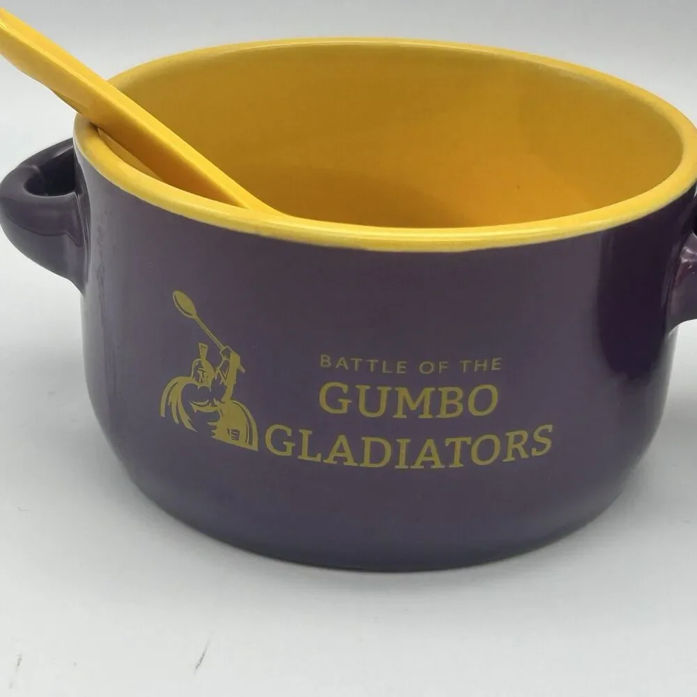 Battle of the Gumbo Gladiators Ceramic Gumbo Bowls w/Spoons Set of 2 SHREVEPORT